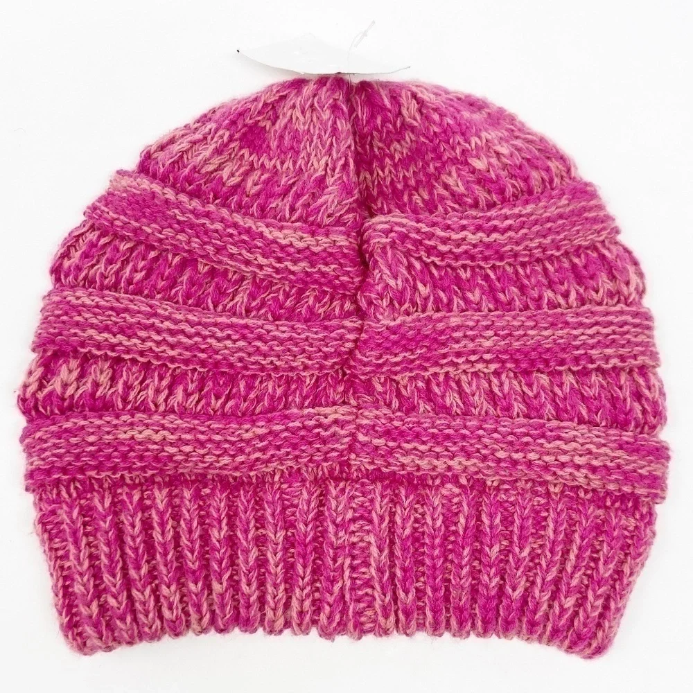 CC | Pink Beanie Stocking Cap Two-Tone Cable Knit
